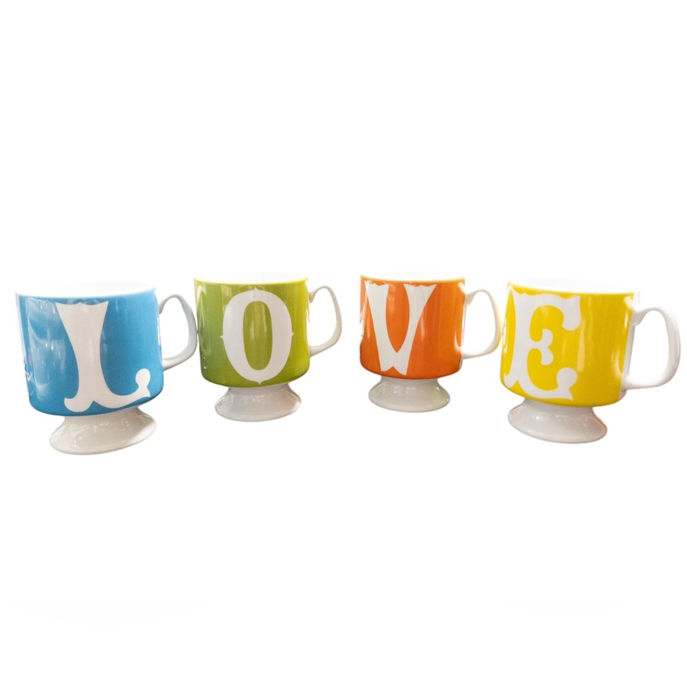 Urban Outfitters PrintRun Co. Pedestal LOVE Mug 4 Piece Set Green Orange Blue